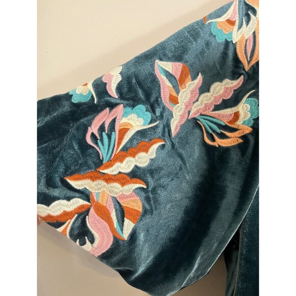 Boho Velvet Floral Top S Blue Bold Embroidery Classic Modern Chic Artsy Luxury - Picture 2 of 12